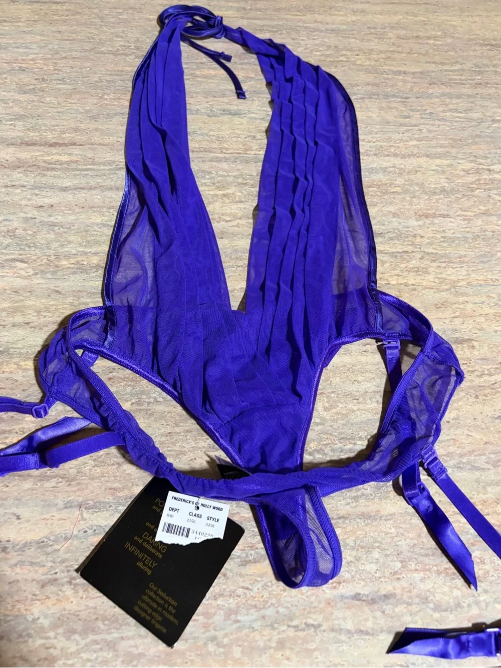 NWT Frederick’s of Hollywood Seduction Purple Halter Sexy Bodysuit & garter